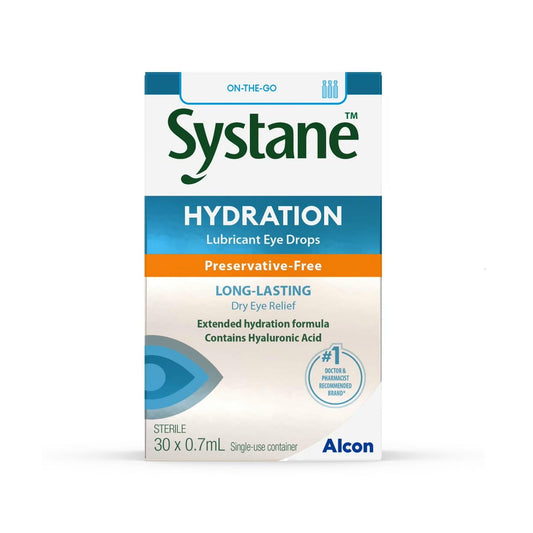 Product Label for Alcon Systane Ultra Hydration Lubricant Eye Drops (30 x 0.7 mL) in English
