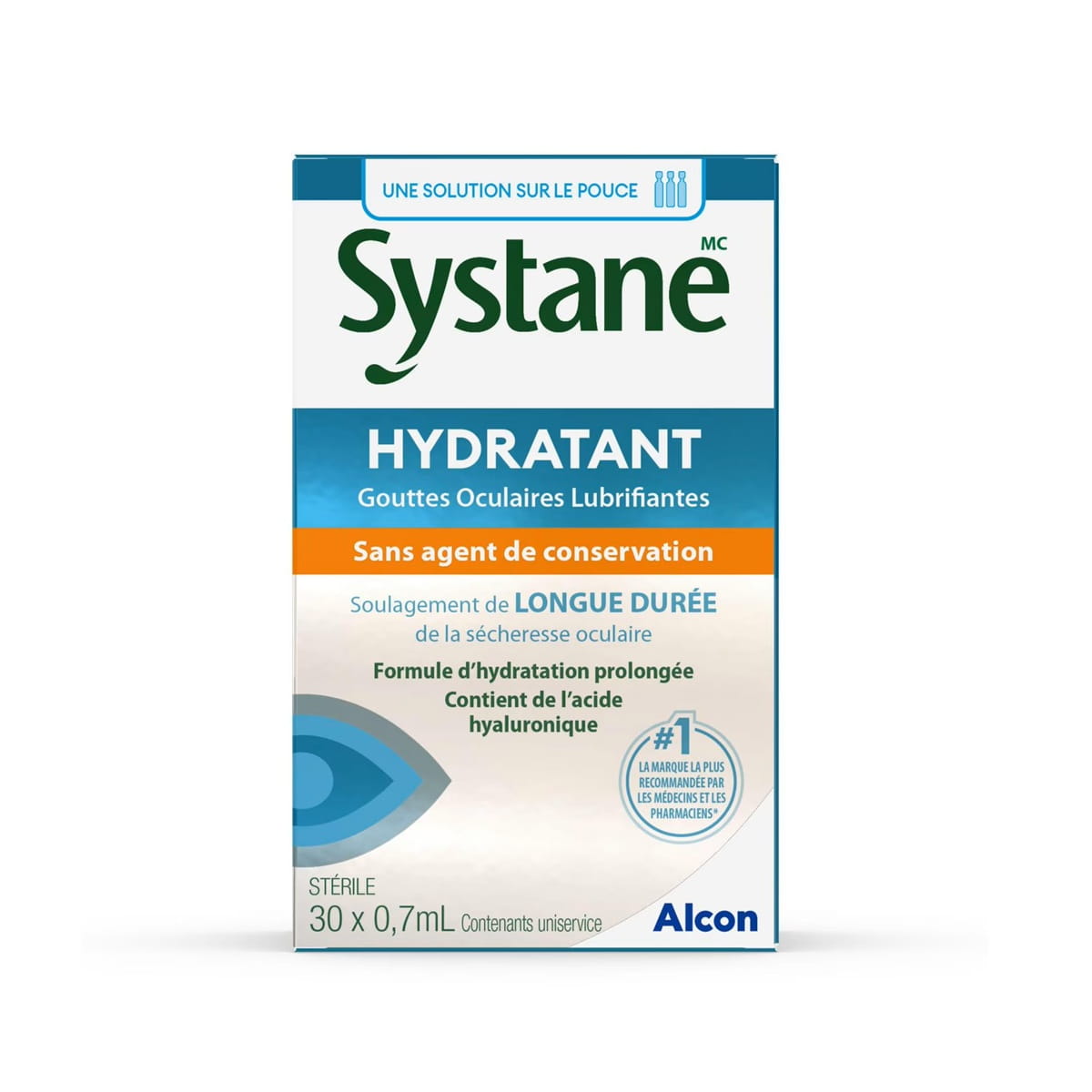Product label for Alcon Systane Ultra Hydration Lubricant Eye Drops (30 x 0.7 mL) in French