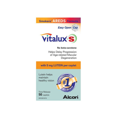 Product label for Alcon Vitalux-S Multivitamin and Multimineral AREDS Formula (50 caplets) in English