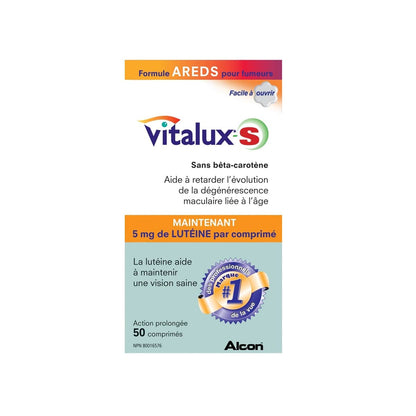 Product label for Alcon Vitalux-S Multivitamin and Multimineral AREDS Formula (50 caplets) in French
