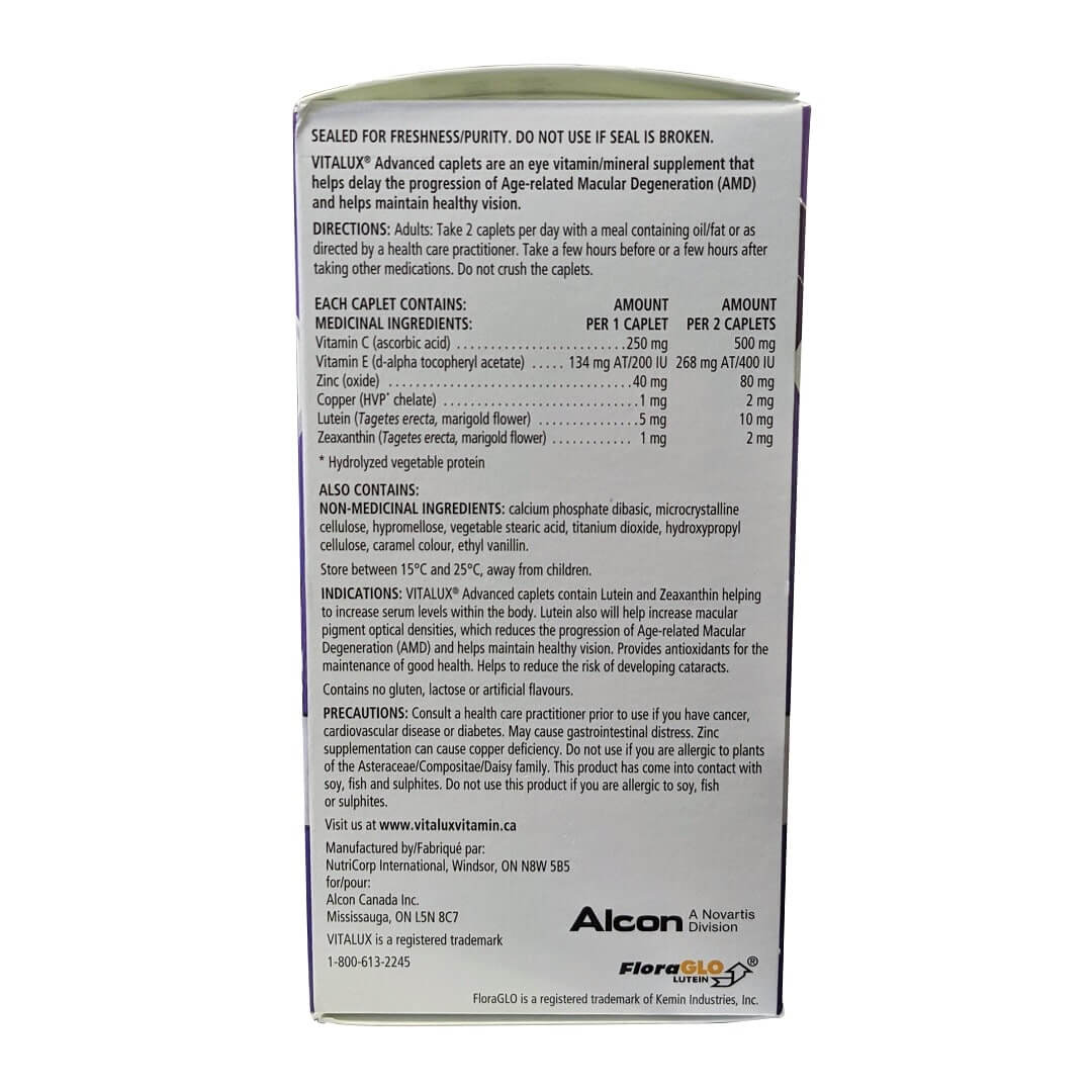 Directions, ingredients, indications, and precautions for Alcon Vitalux Advanced AREDS2 Formula (120 caplets) in English