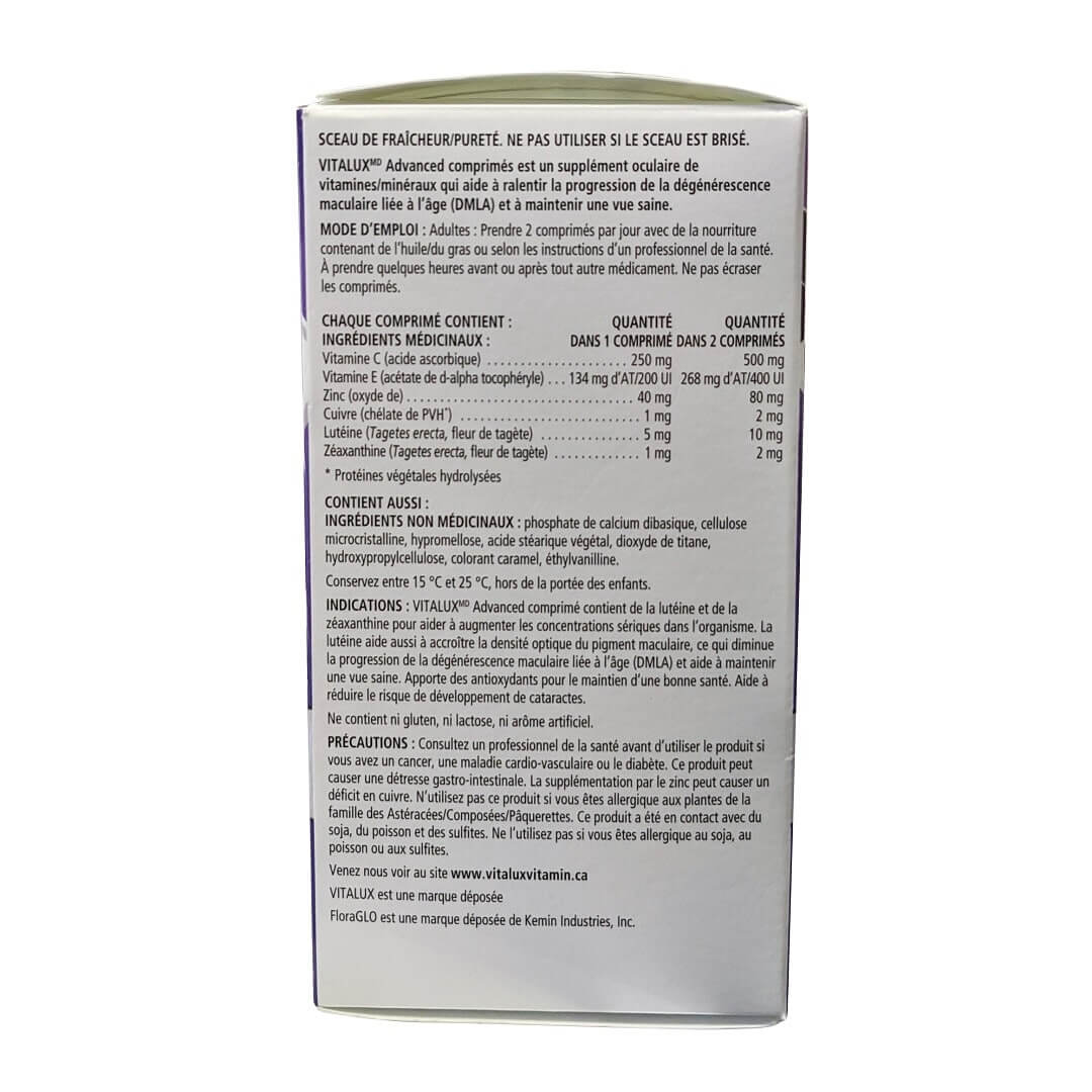 Directions, ingredients, indications, and precautions for Alcon Vitalux Advanced AREDS2 Formula (120 caplets) in French