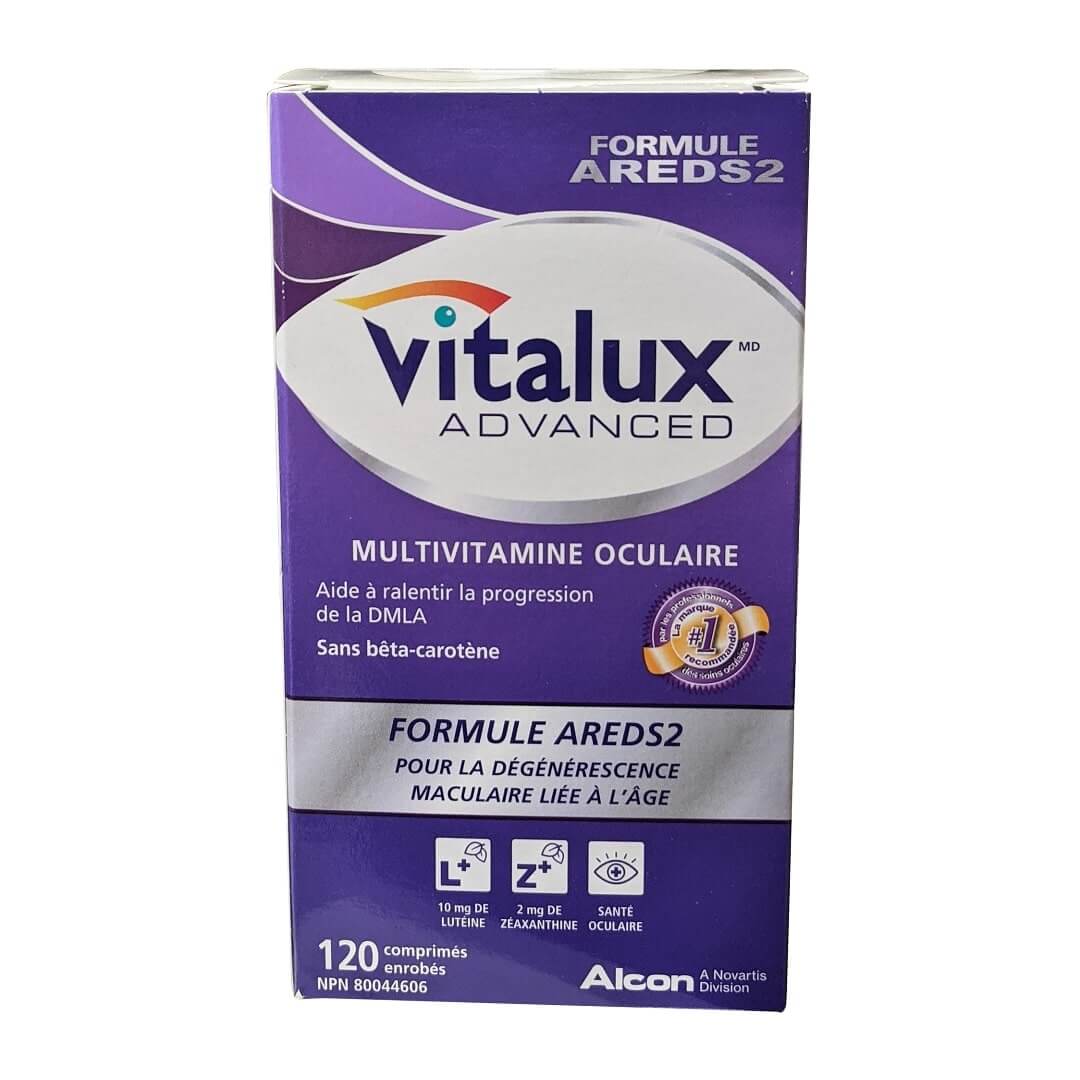 Product label for Alcon Vitalux Advanced AREDS2 Formula (120 caplets) in French