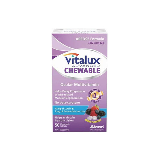 Product label for Alcon Vitalux Advanced Multivitamins AREDS2 Formula (50 chewables) in English