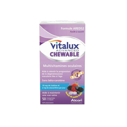 Product label for Alcon Vitalux Advanced Multivitamins AREDS2 Formula (50 chewables) in French