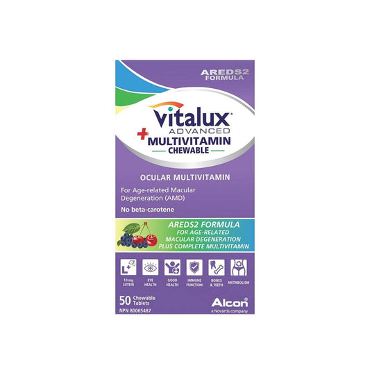 Product label for Alcon Vitalux Advanced Plus Multivitamins AREDS2 Formula (50 chewables)