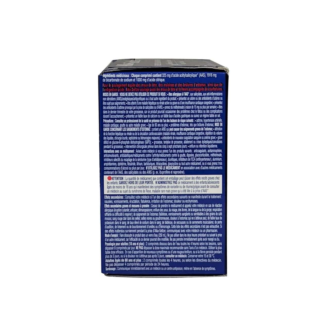 Product details, ingredients, directions, and warnings for Alka-Seltzer Acetylsalicylic Acid Effervescent Tablets in French