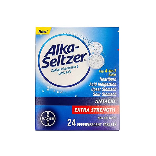 Product label for Alka-Seltzer Extra Strength Antacid Effervescent Tablets (24 tablets) in English