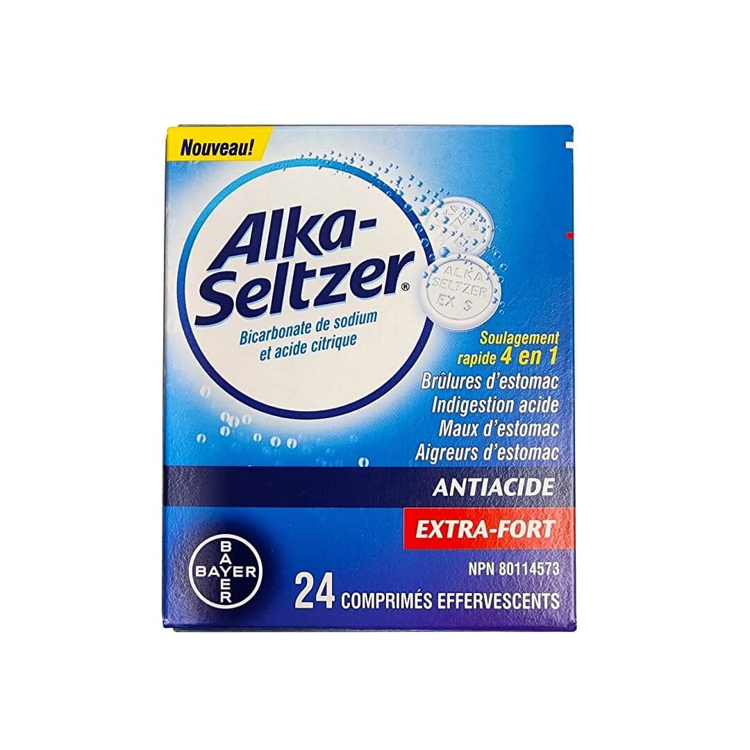 Product label for Alka-Seltzer Extra Strength Antacid Effervescent Tablets (24 tablets) in French