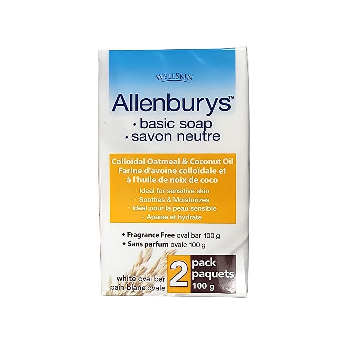 Product label for Allenburys Colloidal Oatmeal and Coconut Oil Soap for Sensitive Skin (2 x 100 grams)