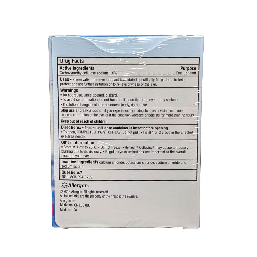 Ingredients, uses, warnings, directions for Allergan Refresh Celluvisc Lubricant Eye Drops (30 x 0.4 mL) in English