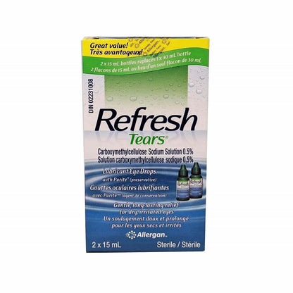 Product label for Allergan Refresh Tears Lubricant Eye Drops (2 x 15 mL)