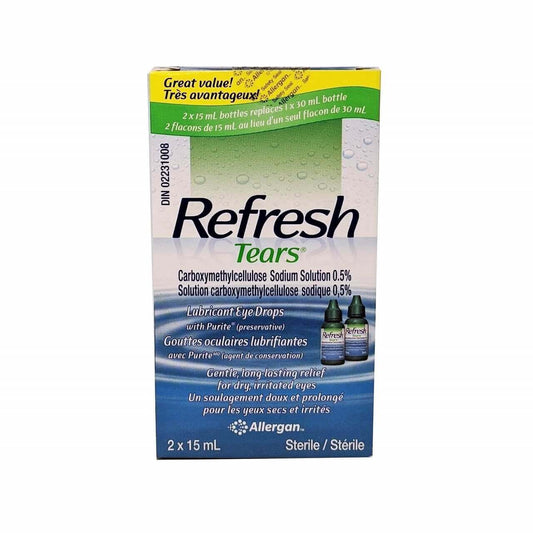 Product label for Allergan Refresh Tears Lubricant Eye Drops (2 x 15 mL)