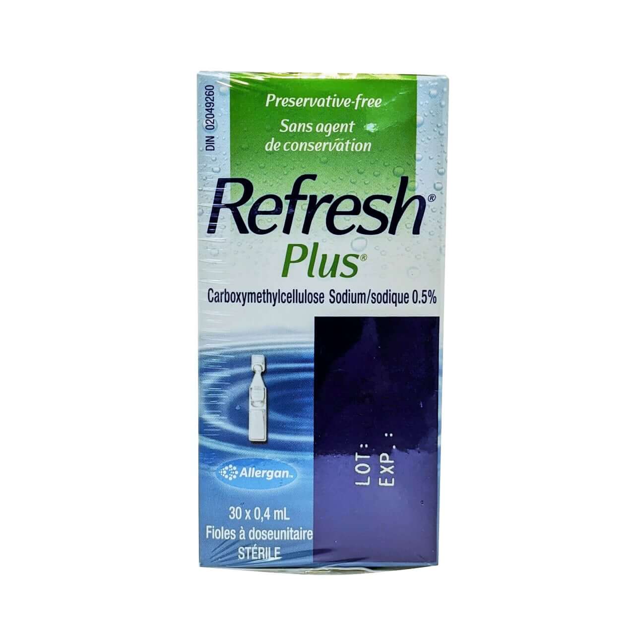Product label for Allergan Refresh Plus Lubricant Eye Drops in English and French