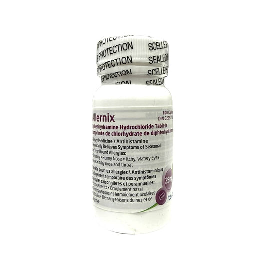 Product label for Allernix Diphenhydramine Hydrochloride 25 mg (100 caplets)