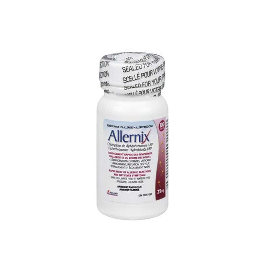 Product label for Allernix Diphenhydramine Hydrochloride 25 mg (100 caplets)