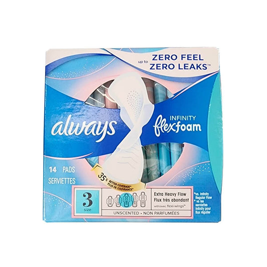 Product label for Always Infinity with FlexFoam Extra Heavy Flow Size 3 (14 count)