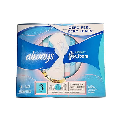 Product label for Always Infinity with FlexFoam Extra Heavy Flow Size 3 (14 count)