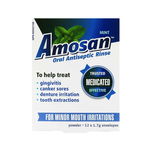 Product label for Amosan Oral Antiseptic Rinse Mint Flavour (12 x 1.7 grams) in English