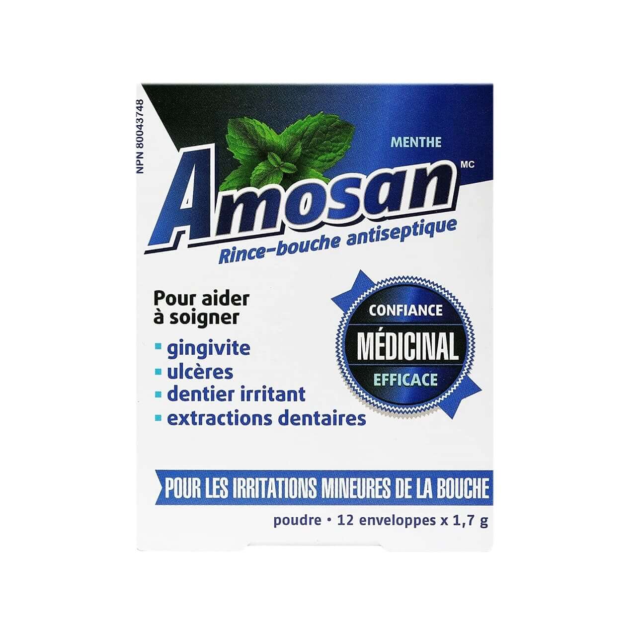 Product label for Amosan Oral Antiseptic Rinse Mint Flavour (12 x 1.7 grams) in French