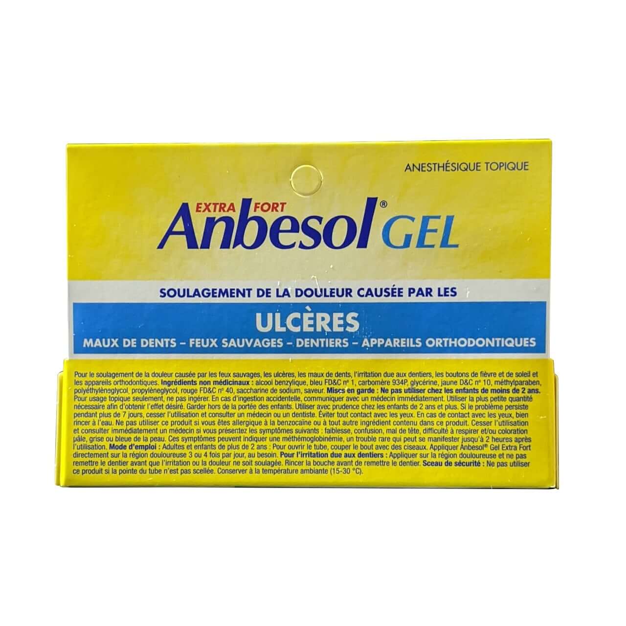 Uses, ingredients, cautions, directions for Anbesol Extra Strength 20% Gel Oral Pain Relief (7 grams) in French