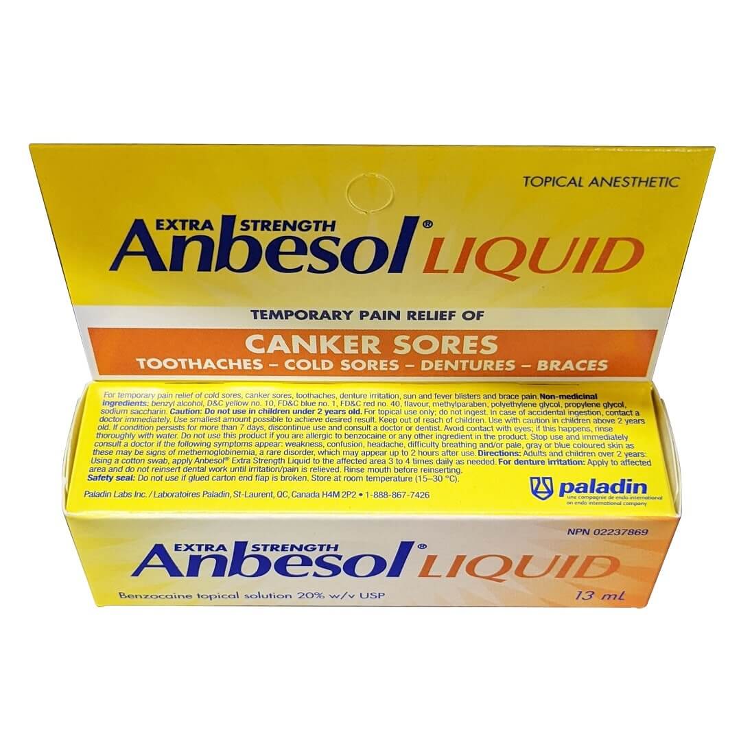 Uses, Ingredients, Cautions, Directions for Anbesol Extra Strength Liquid for Canker Sores (13 mL) in English