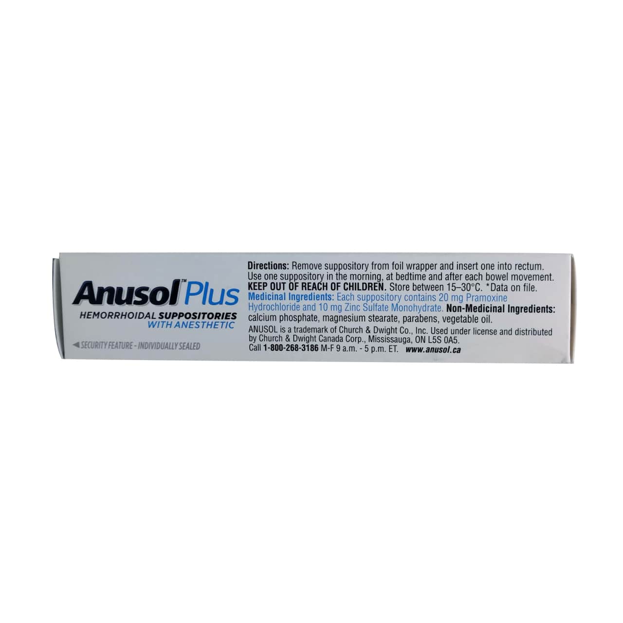 Directions and ingredients for Anusol Plus Hemorrhoidal Suppositories with Anesthetic (12 suppositories) in English