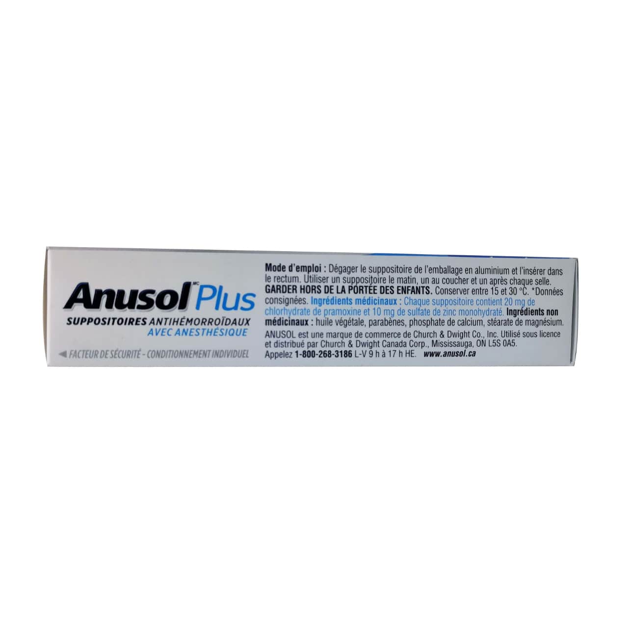 Directions and ingredients for Anusol Plus Hemorrhoidal Suppositories with Anesthetic (12 suppositories) in French