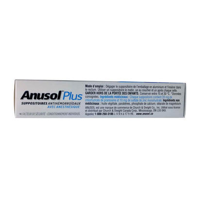 Directions and ingredients for Anusol Plus Hemorrhoidal Suppositories with Anesthetic (12 suppositories) in French