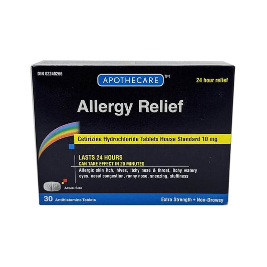 Product package for Apothecare Allergy Relief Cetirizine Hydrochloride 10mg in English