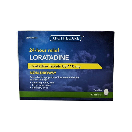 Product package for Apothecare Non Drowsy Allergy Relief Loratadine 10mg in English