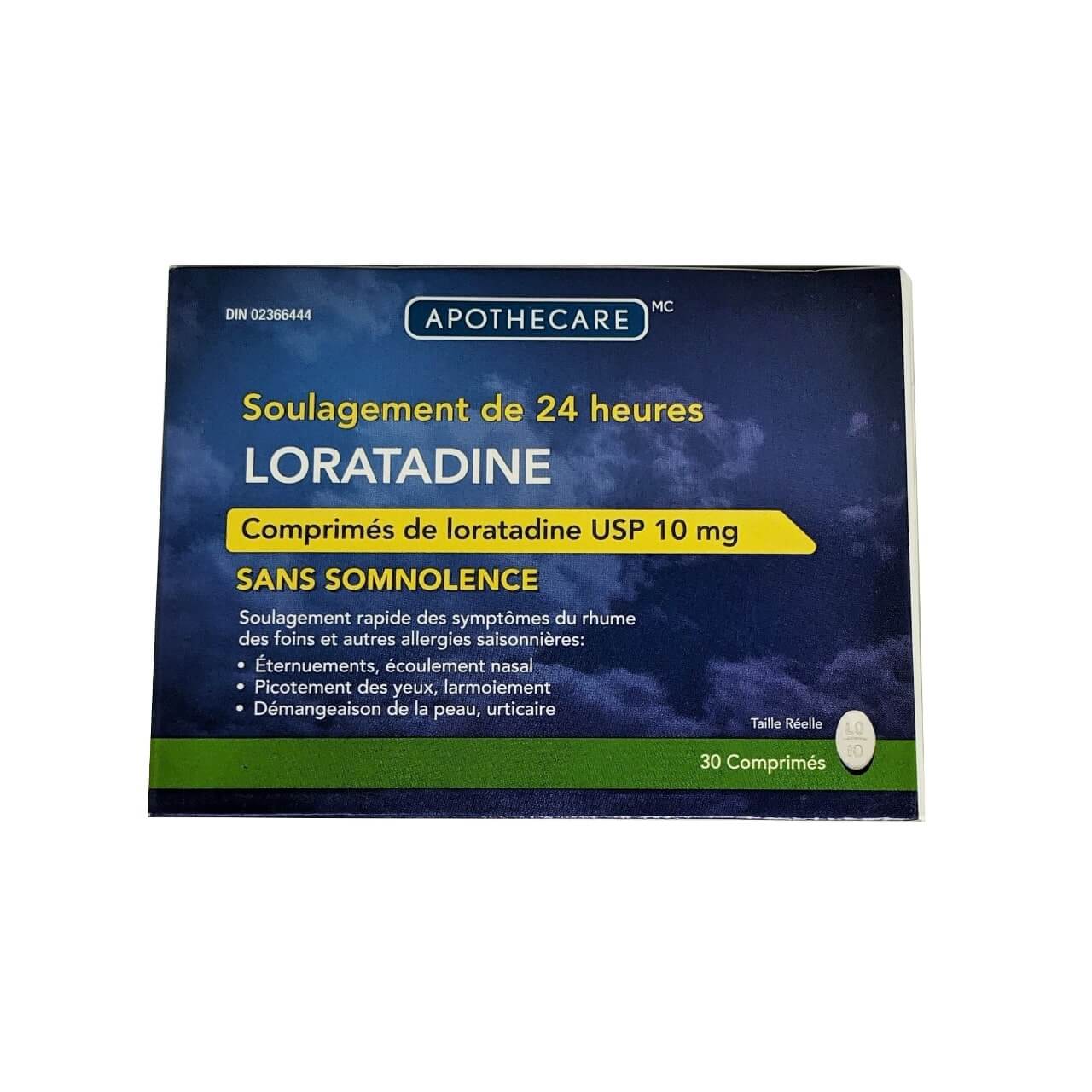 Product package for Apothecare Non Drowsy Allergy Relief Loratadine 10mg in French