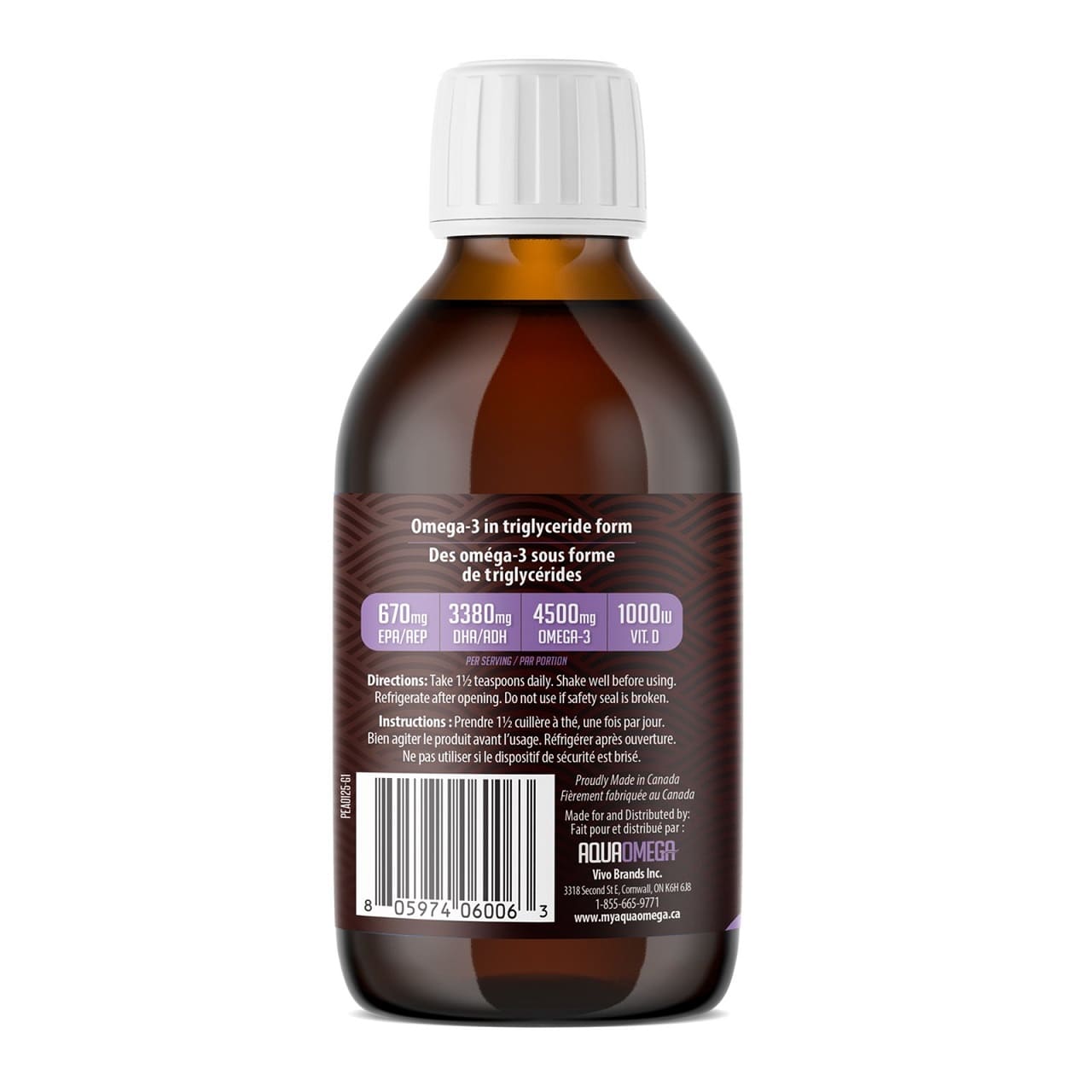 Directions for AquaOmega High DHA Omega-3 Grape Flavour Liquid (225 mL)