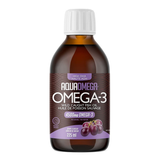 AquaOmega High DHA Omega-3 Grape Flavour Liquid (225 mL)