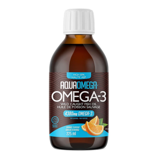 Product label for AquaOmega High EPA Omega-3 Orange Flavour Liquid (225 mL)