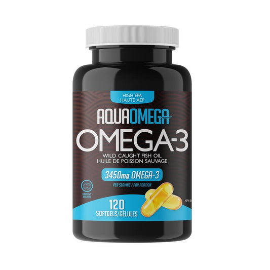 Product label for AquaOmega High EPA Omega-3 Softgels (120 softgels)