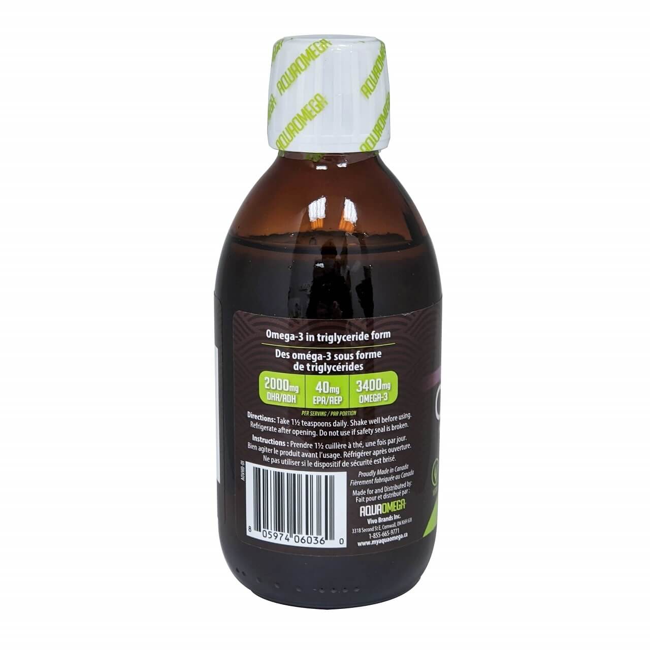 Directions for AquaOmega High DHA Plant-Based Omega-3 Vegan Orange Flavour Liquid (225 mL)