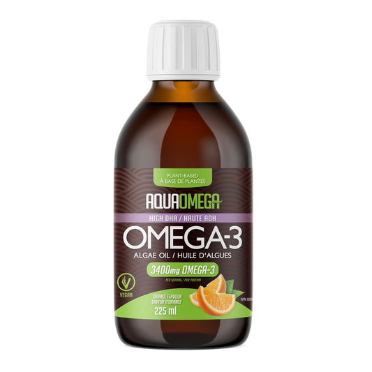 Product label for AquaOmega High DHA Plant-Based Omega-3 Vegan Orange Flavour Liquid (225 mL)
