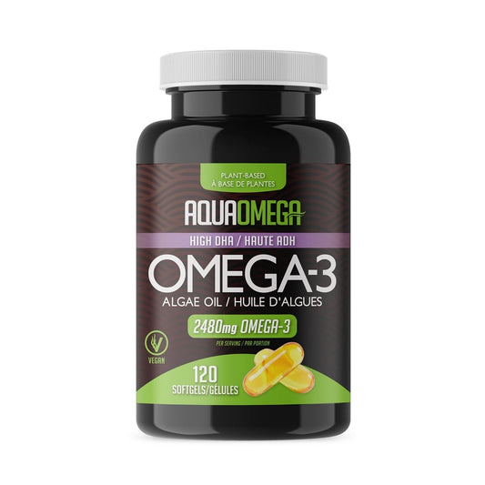 Product label for AquaOmega High DHA Plant-Based Omega-3 Vegan Softgels (120 softgels)