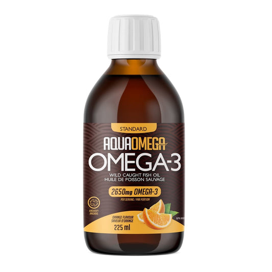Product label for AquaOmega Standard Omega-3 Orange Flavour Liquid (225 mL)
