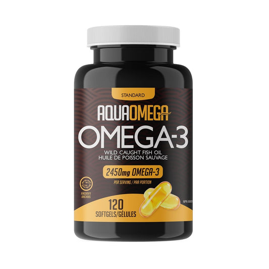 Product label for AquaOmega Standard Omega-3 Softgels (120 softgels)