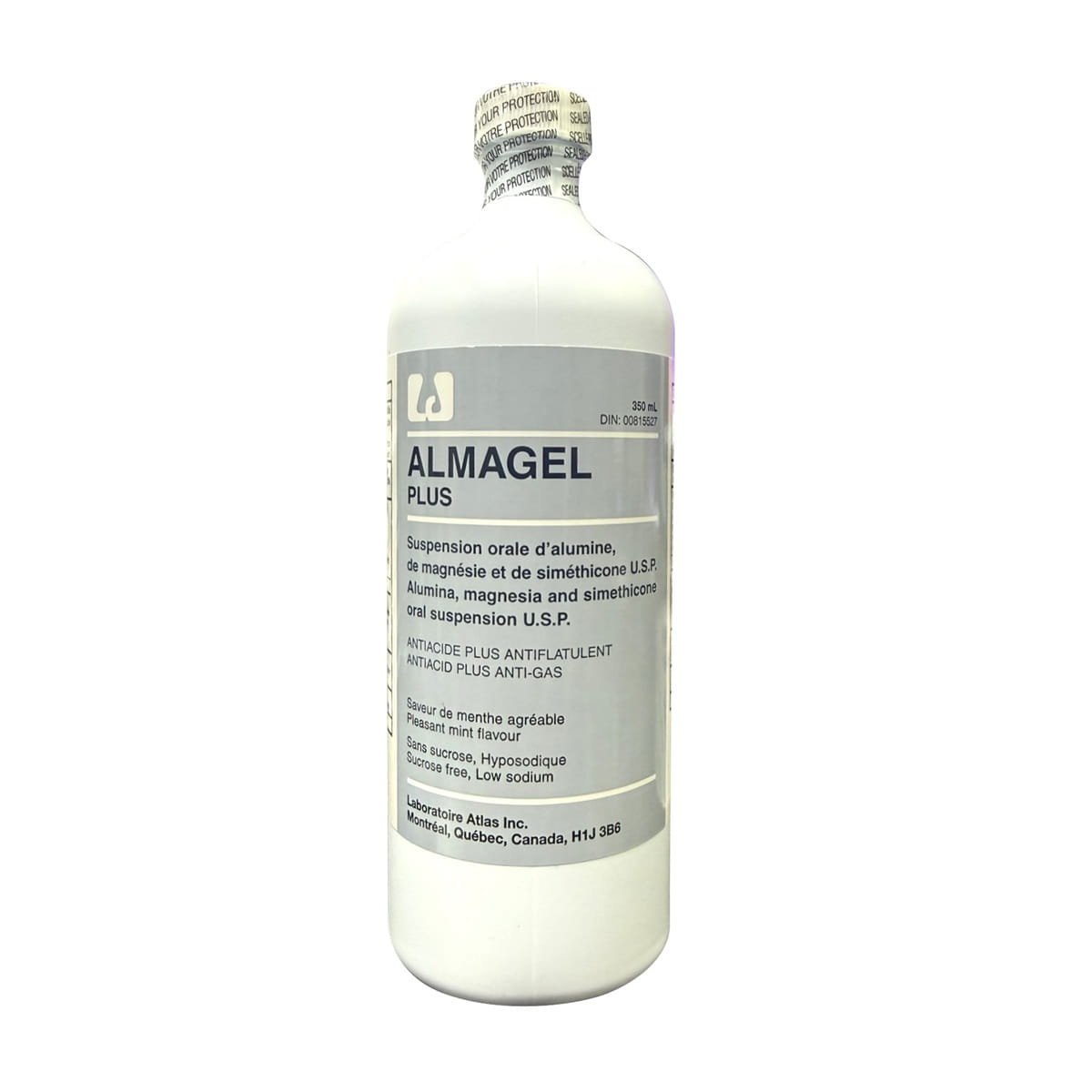 Product label for Atlas Almagel Plus Antacid Suspension Mint Flavour (350 mL)