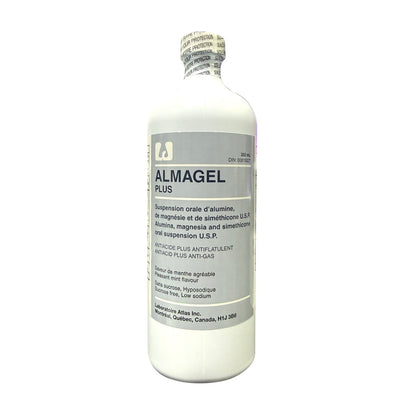 Product label for Atlas Almagel Plus Antacid Suspension Mint Flavour (350 mL)