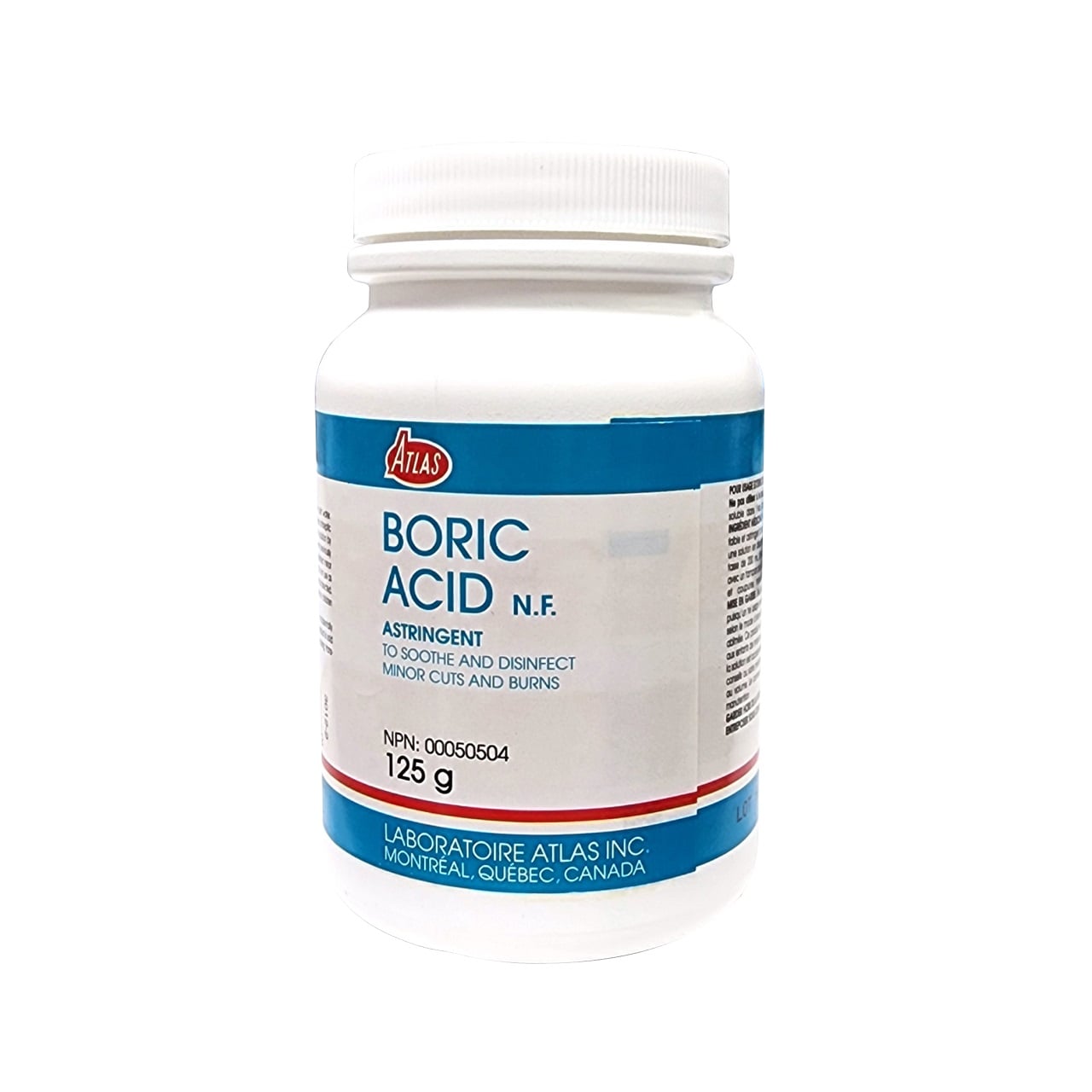 Product label for Atlas Boric Acid Astringent (125 grams) in English