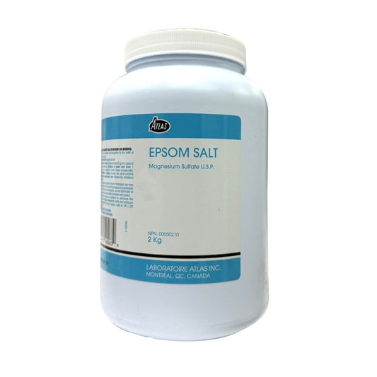 Container of Epsom salt with Atlas branding on a white background