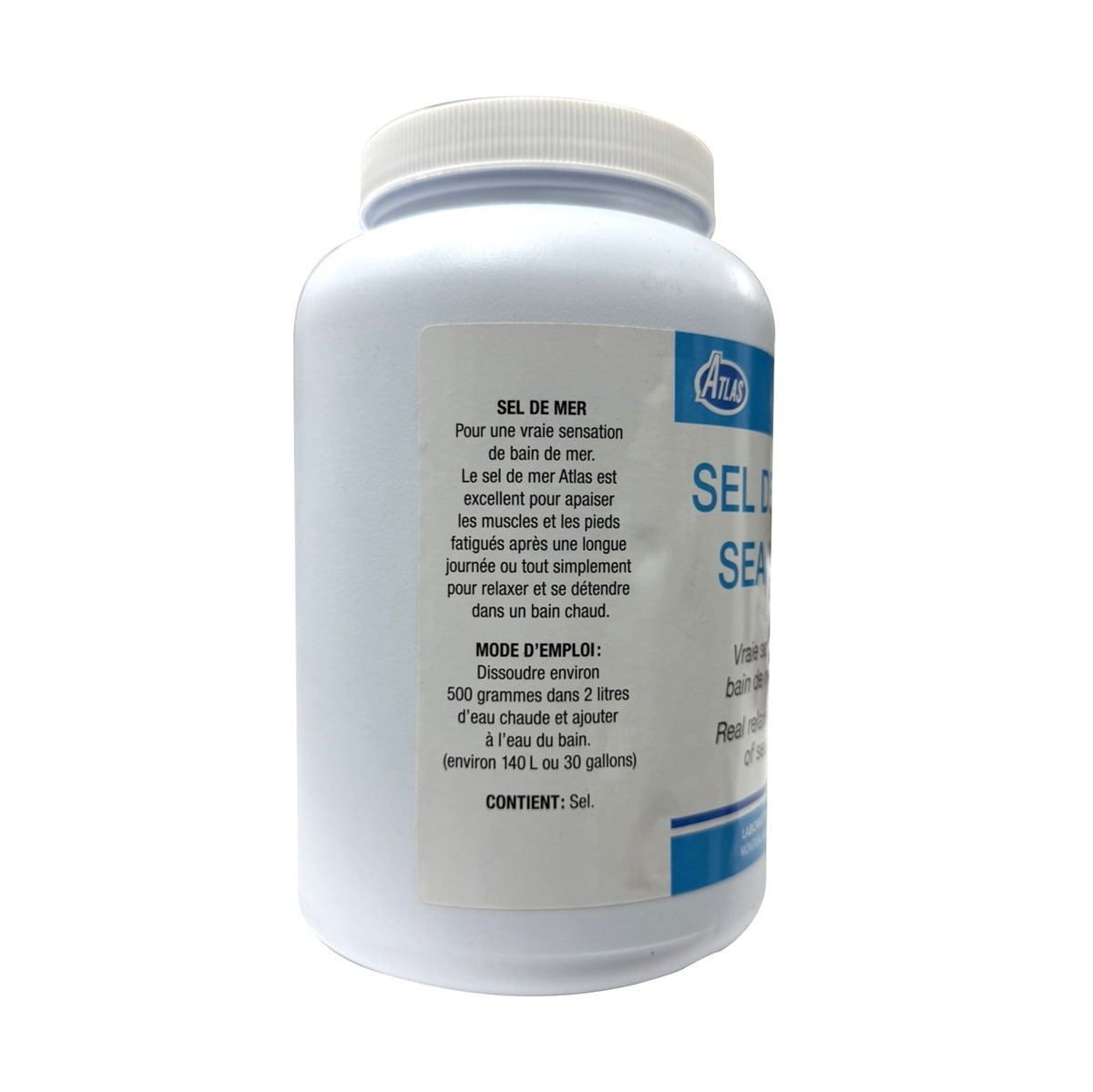 Description and directions for Atlas Sea Salt (2 kg) in French