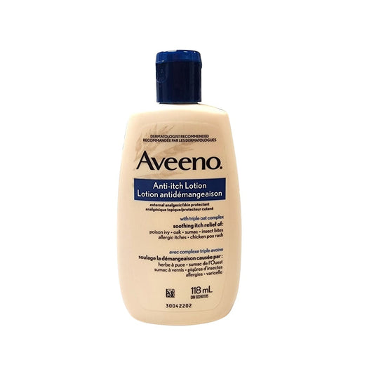 Product label for Aveeno Anti-itch Lotion (118 mL)