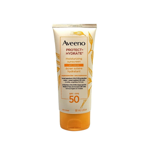 Product label for Aveeno Protect + Hydrate SPF50 Moisturizing Sunscreen (88 mL)