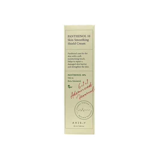 Product label for Axis-y Panthenol 10 Skin Smoothing Shield Cream (50 mL)