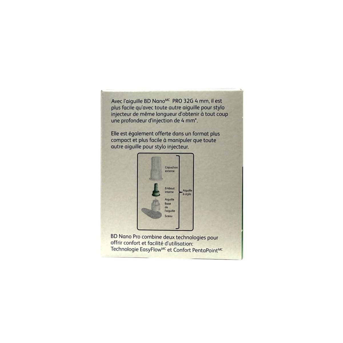 Description for BD Nano PRO Ultra-Fine Insulin Pen Needles 4mm x 32G (100 count) in French